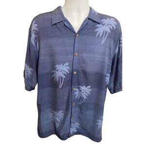 Thums Up Mens Hawaiian Shirt L Blue Palm Trees 100% Rayon Button-Up Casual Beach